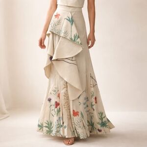 Johanna Ortiz Cream Floral Embroidered Botanical Maxi Skirt Art-inspired Luxury
